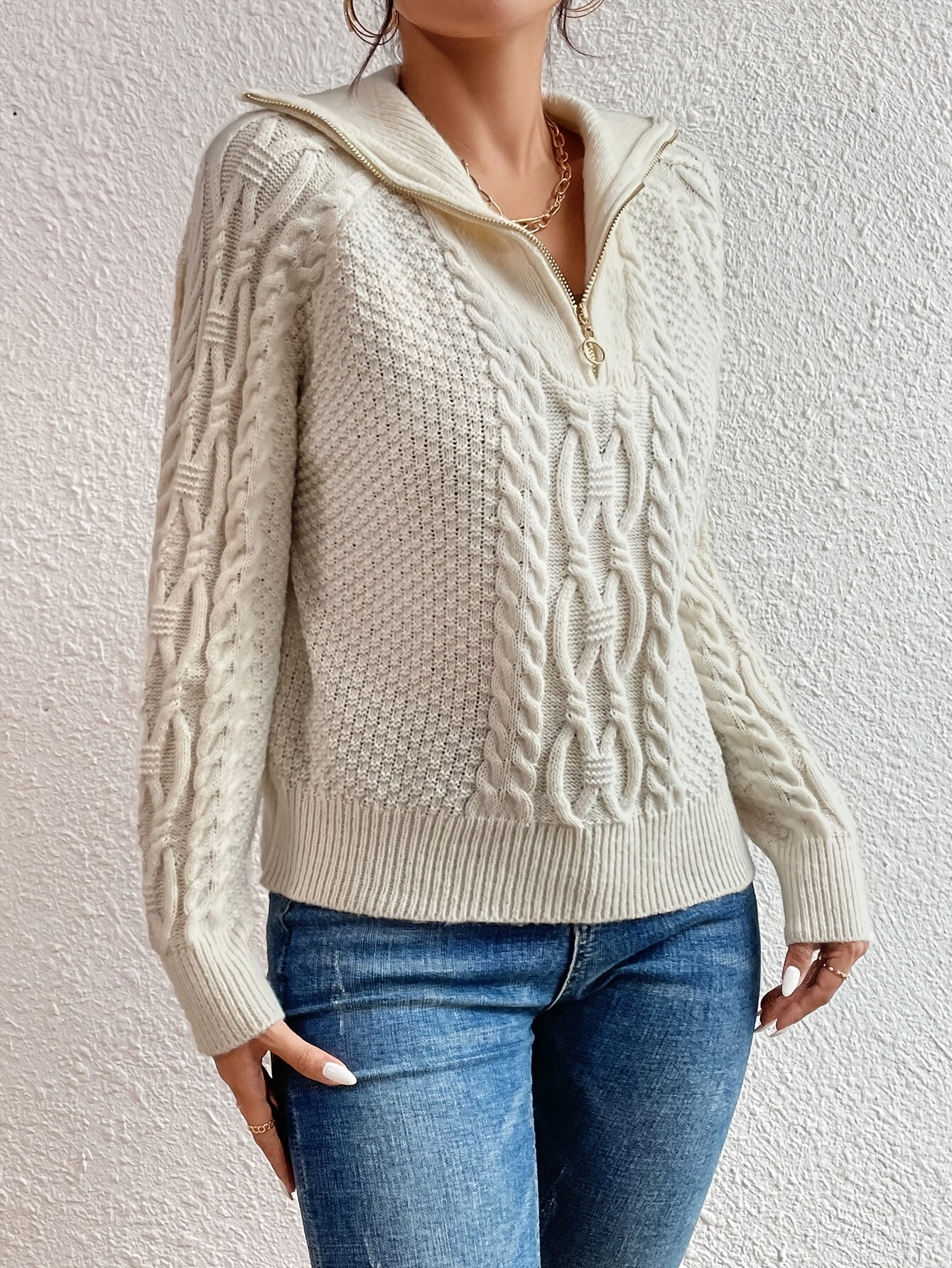 Harlow | Cable Knit Jumper with Zipper Collar