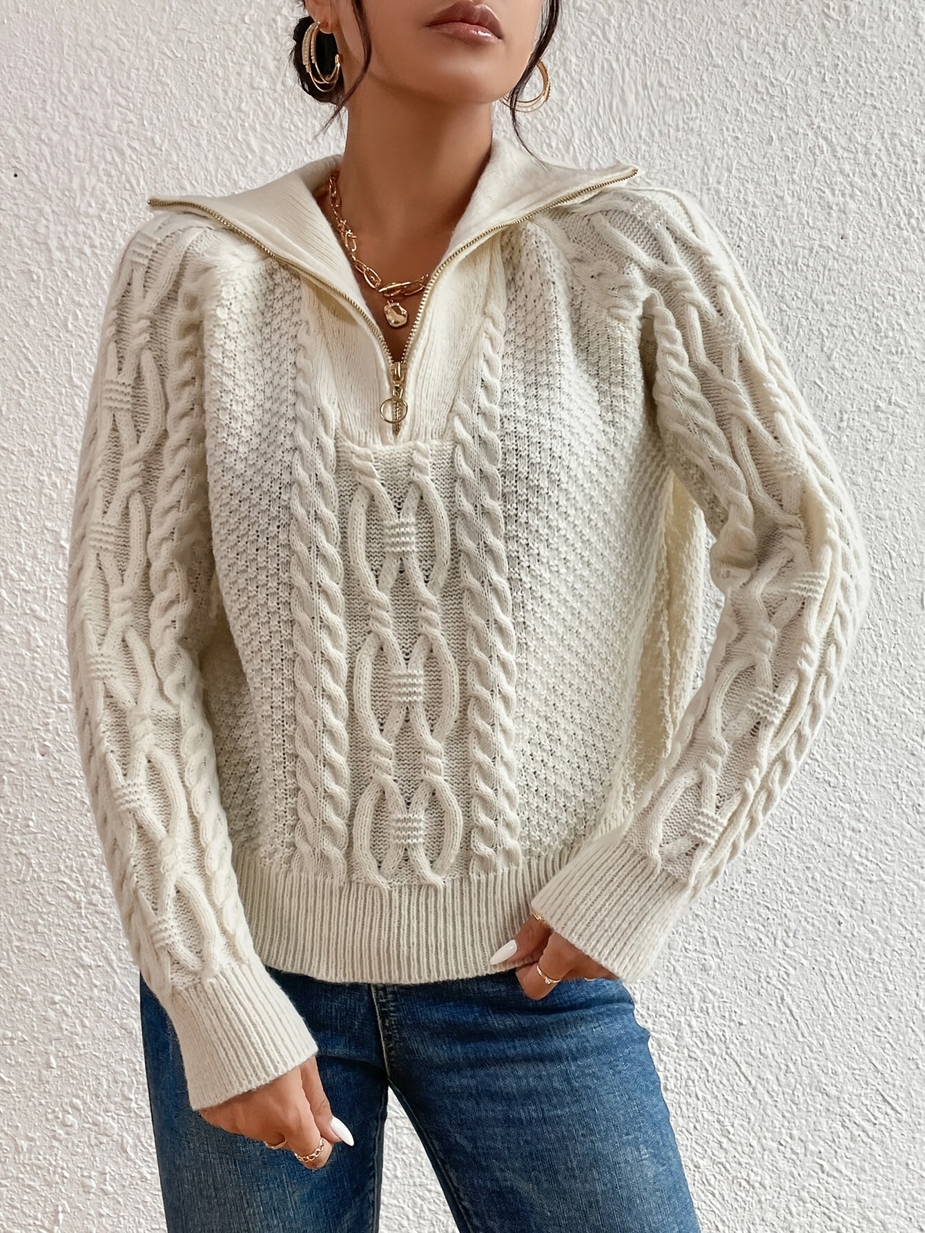 Harlow | Cable Knit Jumper with Zipper Collar
