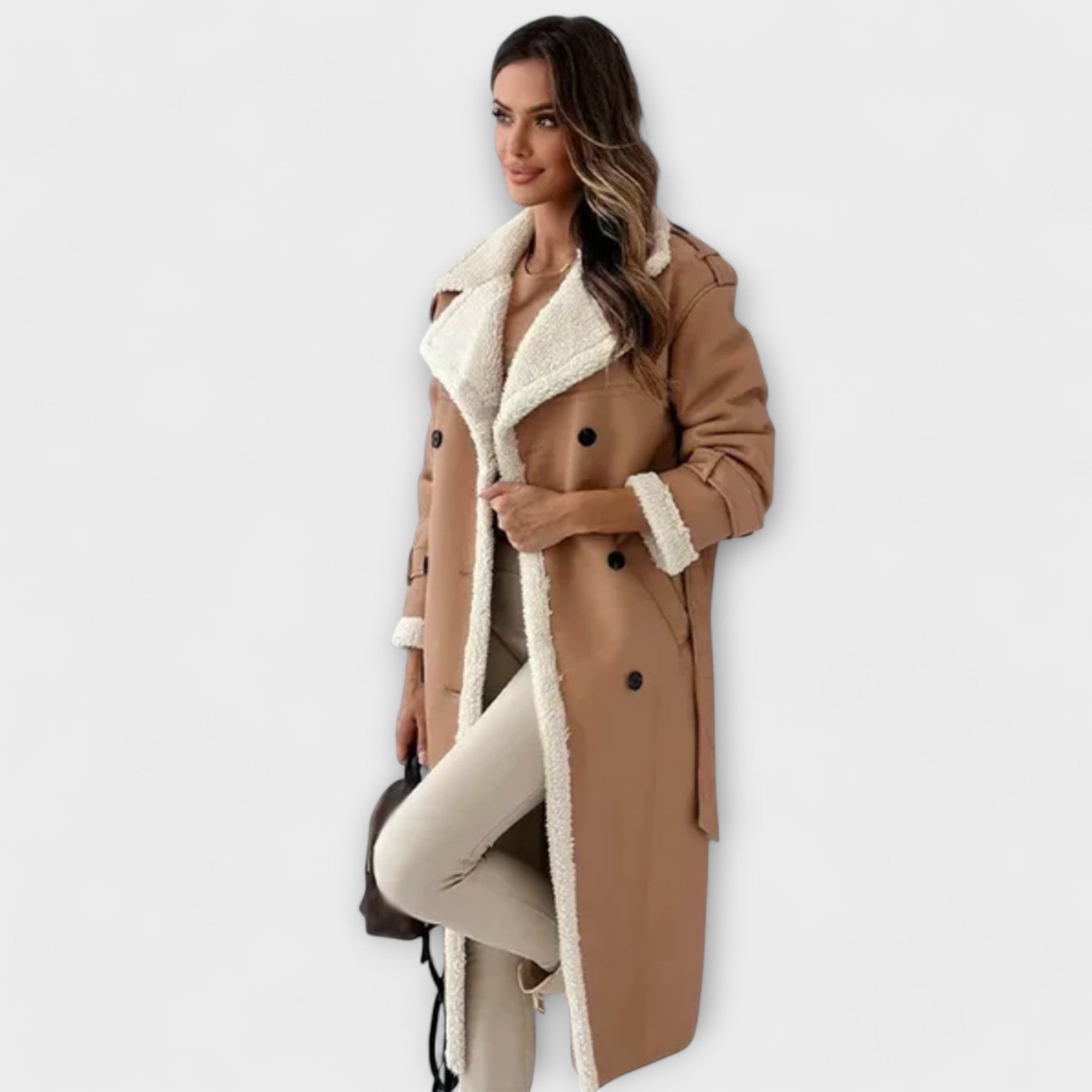 Maria | Long Classic Coat with Fleece Lining and Teddy Collar