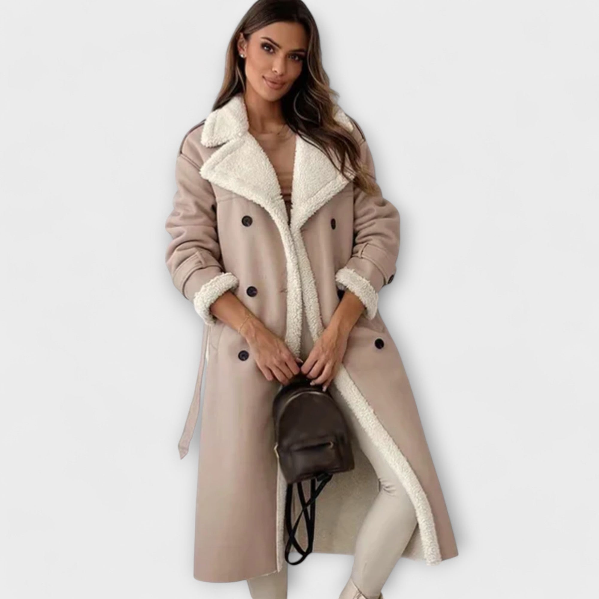 Maria | Long Classic Coat with Fleece Lining and Teddy Collar