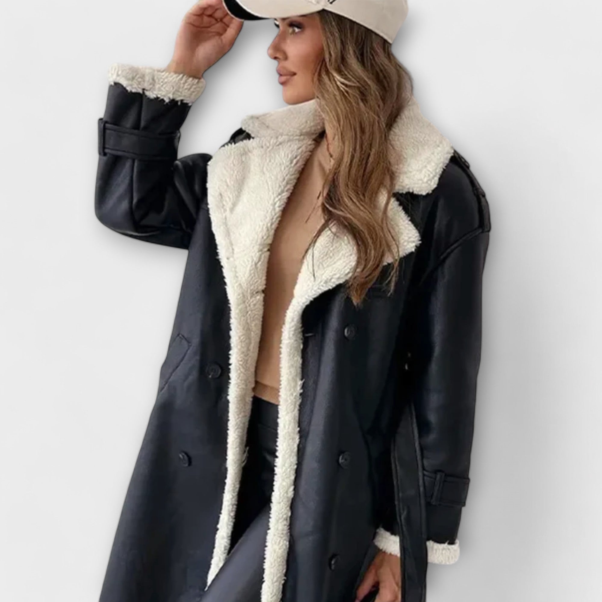 Maria | Long Classic Coat with Fleece Lining and Teddy Collar
