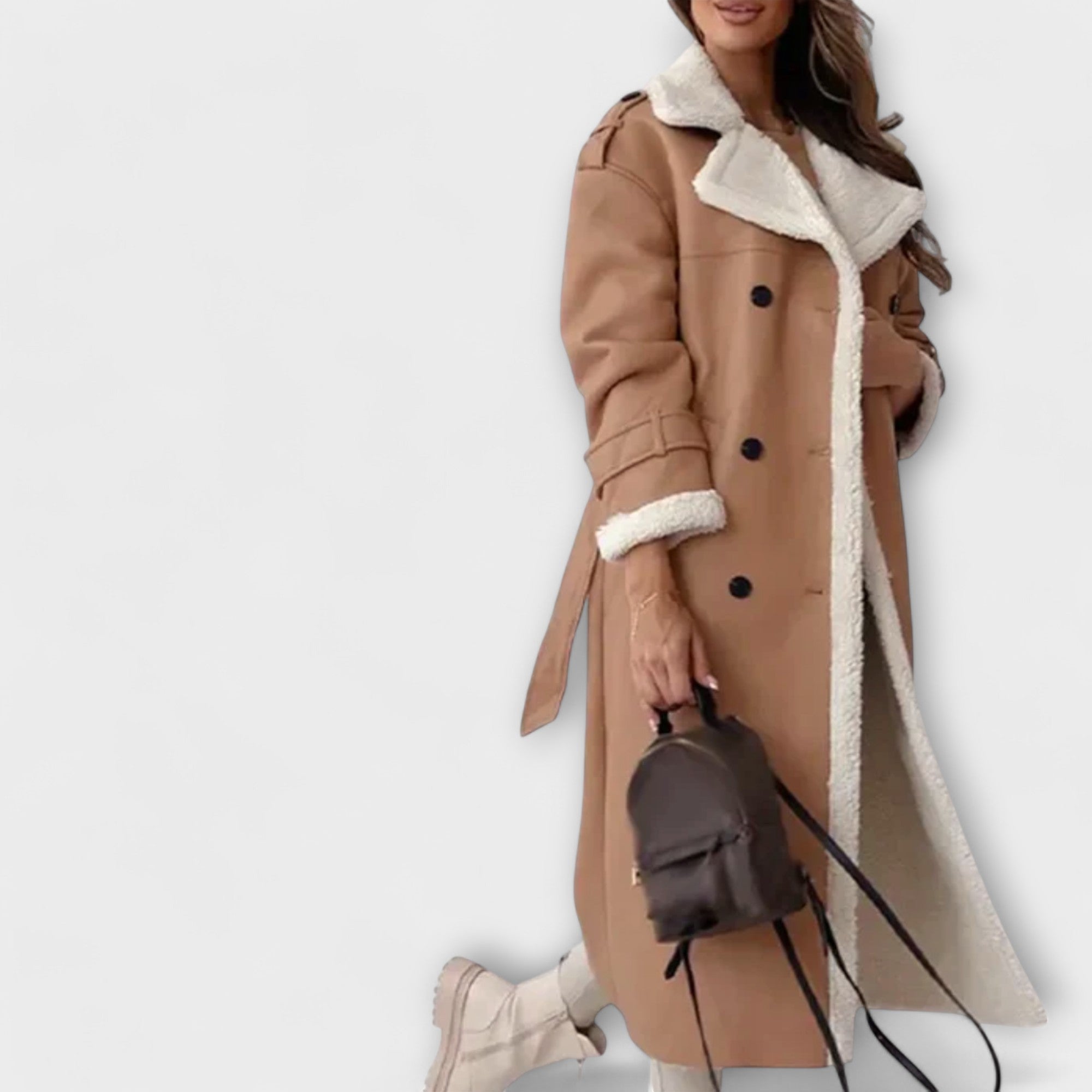 Maria | Long Classic Coat with Fleece Lining and Teddy Collar