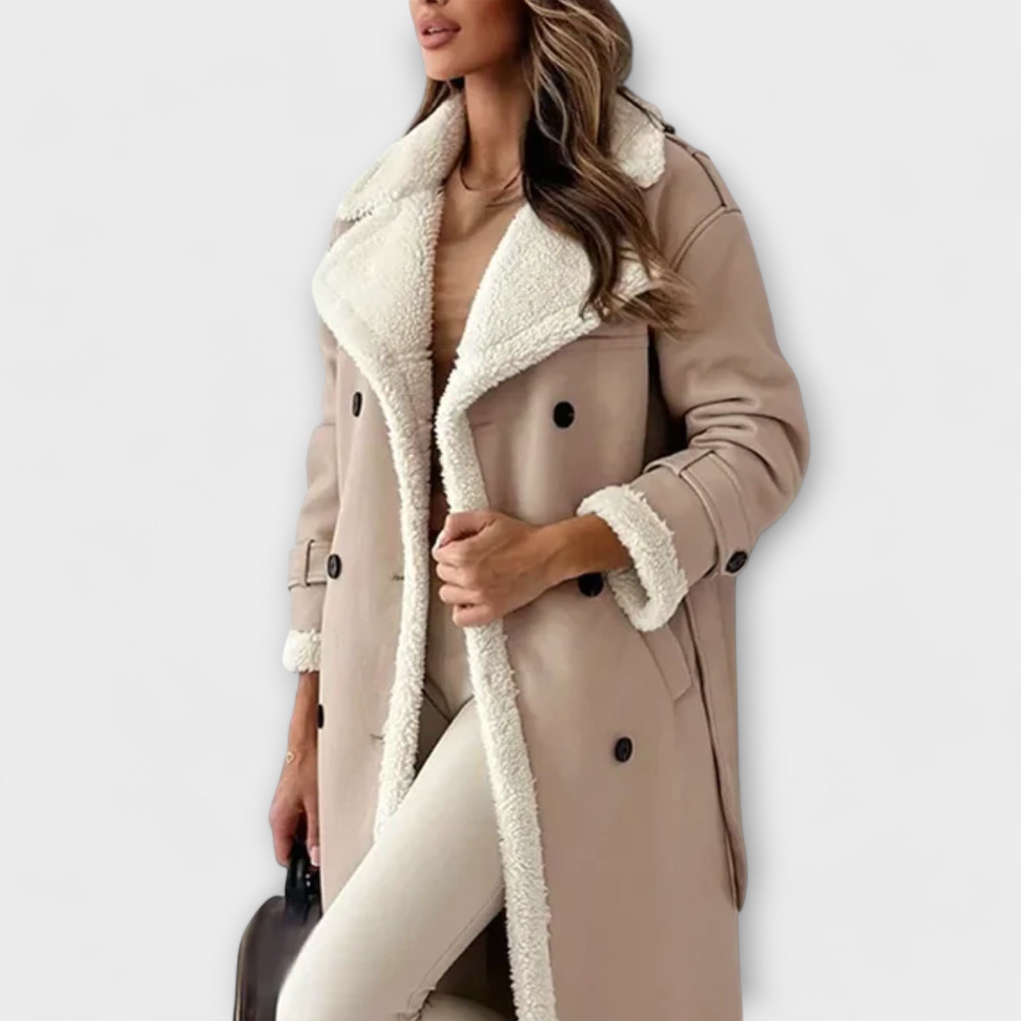 Maria | Long Classic Coat with Fleece Lining and Teddy Collar