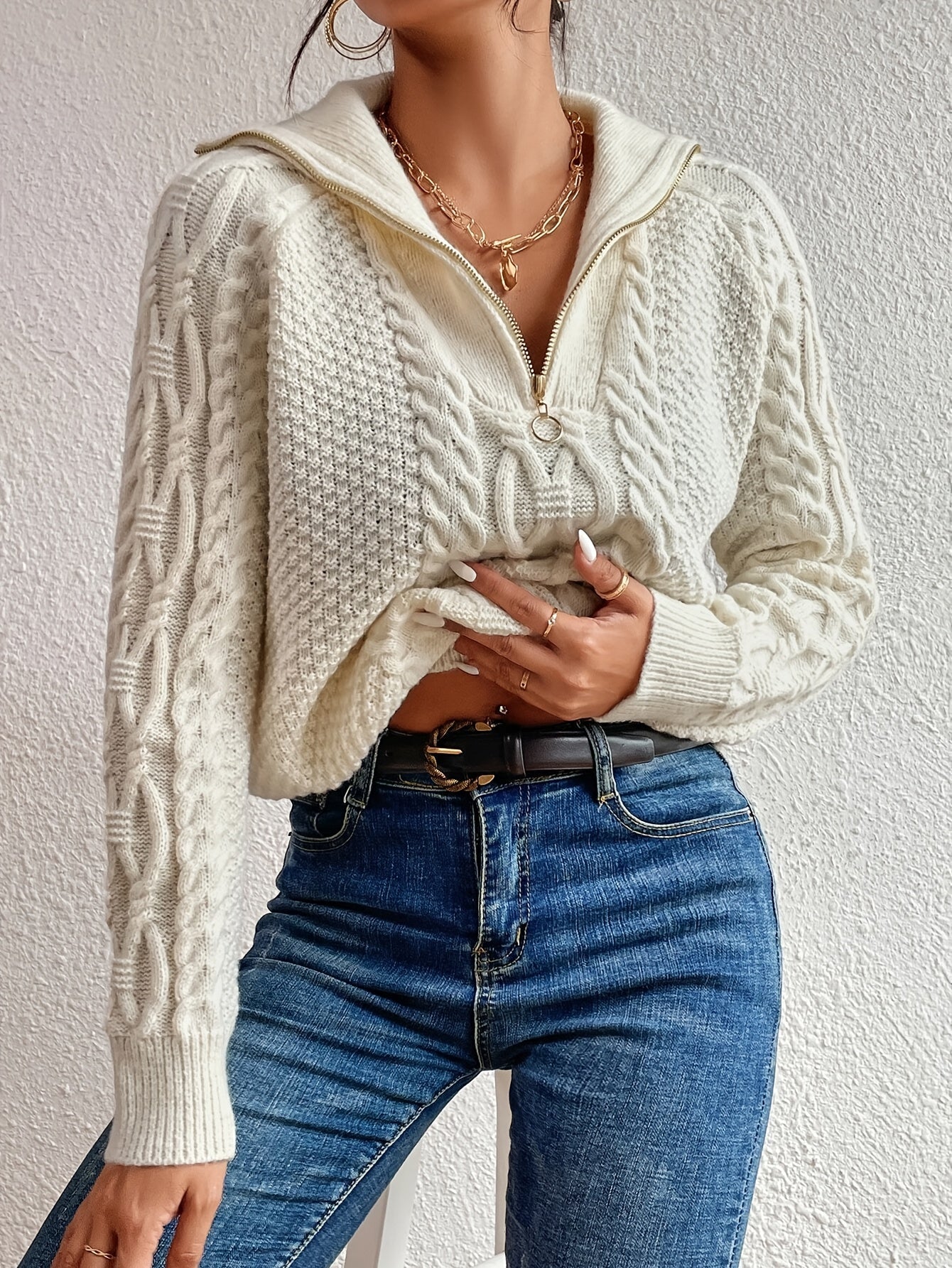 Harlow | Cable Knit Jumper with Zipper Collar
